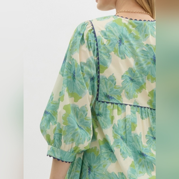 Anthropologie Entro Green White Floral Babydoll Dress Sz M Coastal Cowgirl Chic - Picture 6 of 15